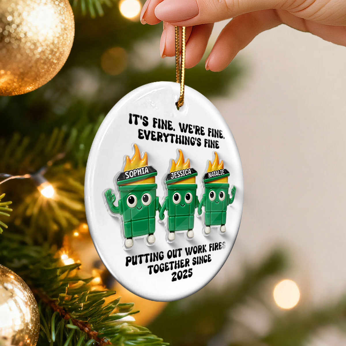 Putting Out Work Fires Together Work Bestie Dumpster Fires - Personalized Ceramic Ornament With Acrylic Pieces - Funny Gift For Colleagues