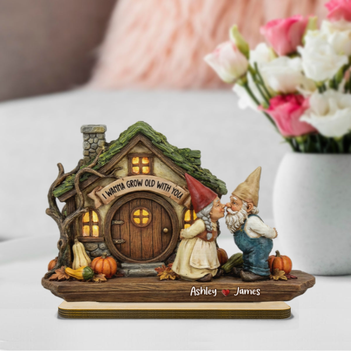 Wanna Grow Old With You Gnome Couple Kissing 2D Flat - Personalized 2-Layered Wooden Plaque - Anniversary, Valentine's Day Gift For Him, Gift For Her