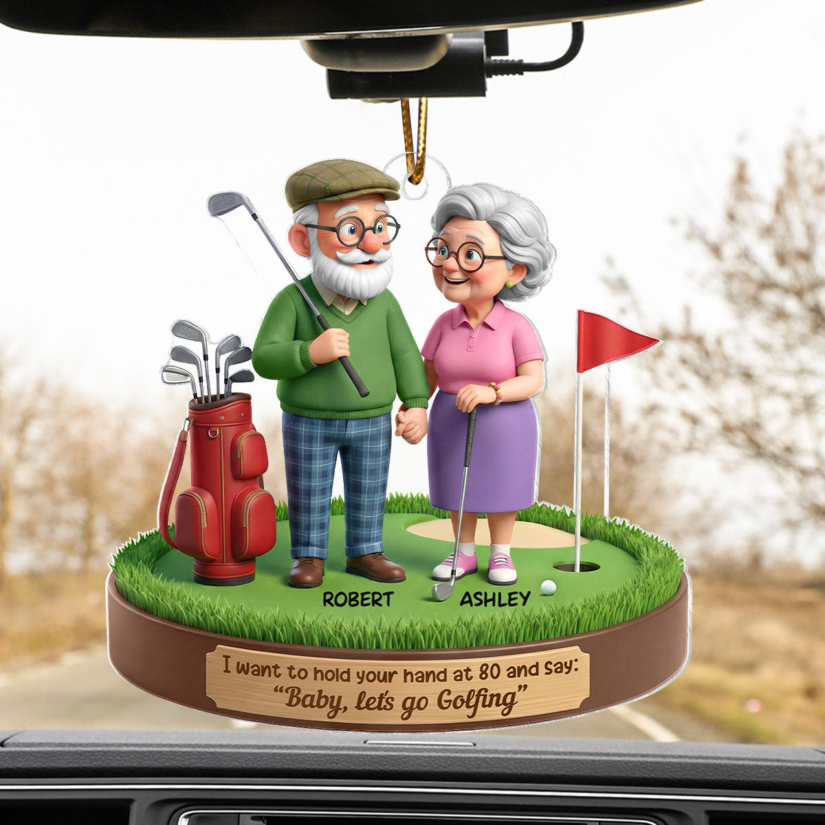 3D Effect Old Couple Baby Let's Go Golfing - Personalized Acrylic Car Hanger - Sentimental Gift for him, for her