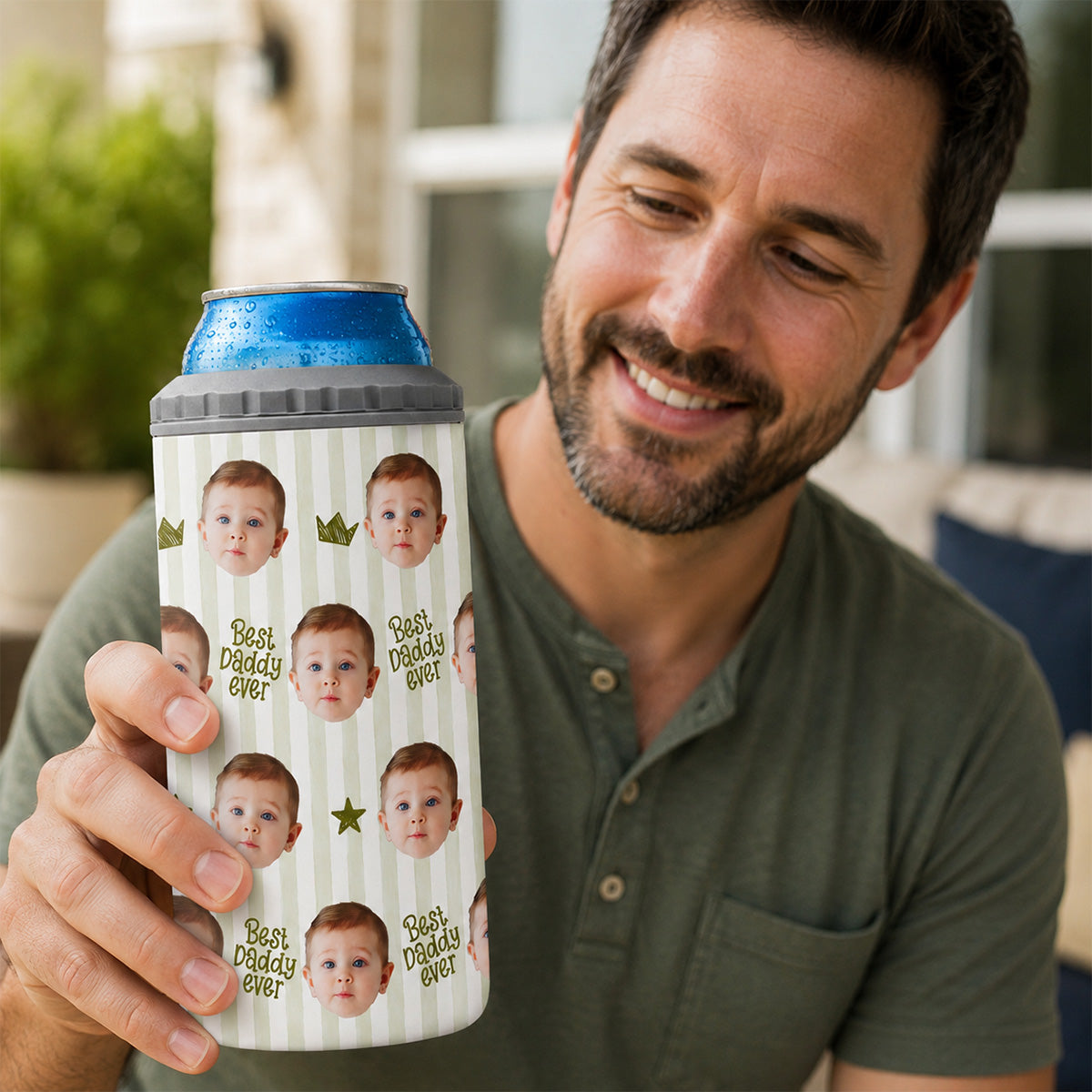 Custom Photo Stripe Theme - Personalized 4-In-1 Can Cooler - Father's Day Gift For Dad, Grandpa