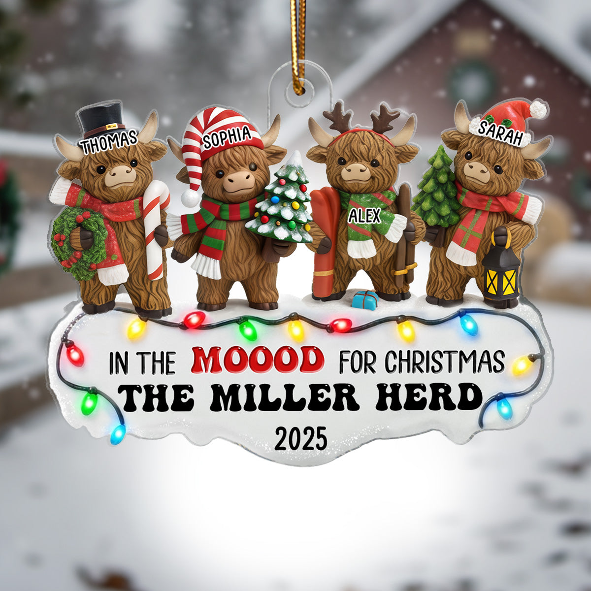 3D Effect Highland Cows Standing Family Herd In The Moood For Christmas - Personalized Acrylic Ornament