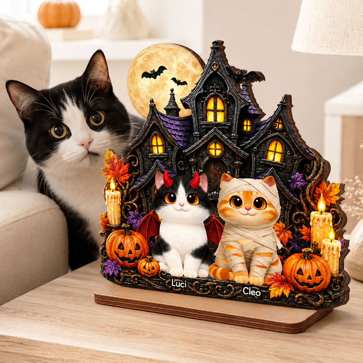 Trending Halloween Cats - Personalized 2-Layer Wooden Plaque - Halloween Gift For Cat Lovers