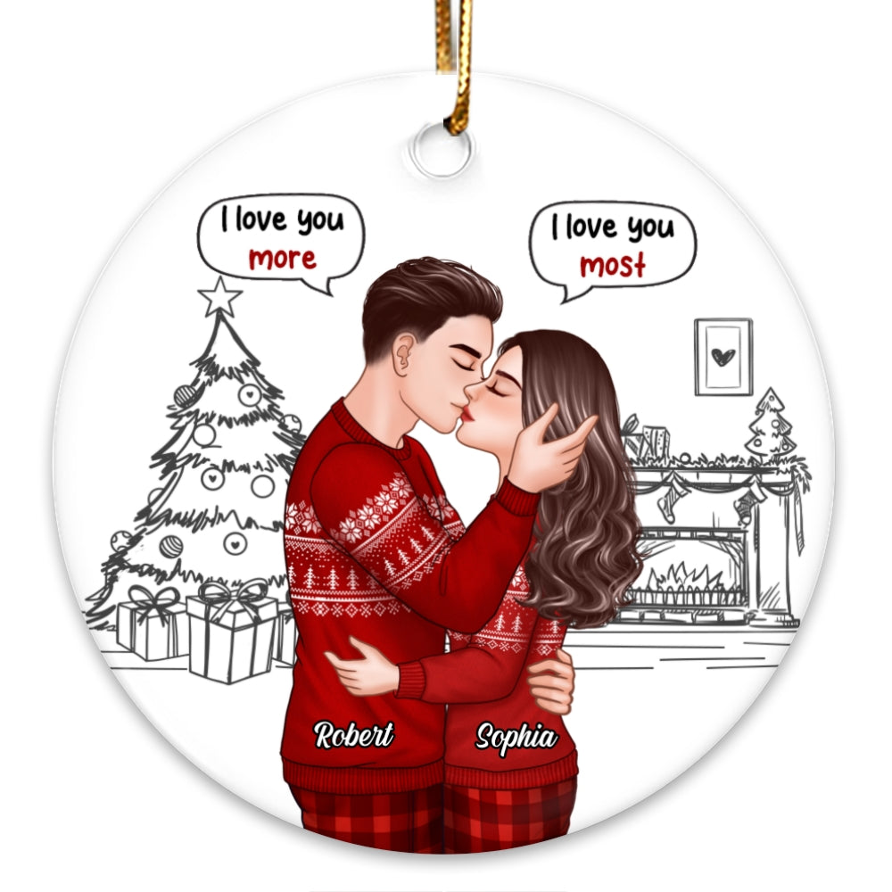 Christmas Outline Romantic Doll Couple Kissing I Love You More Most Personalized Circle Ornament
