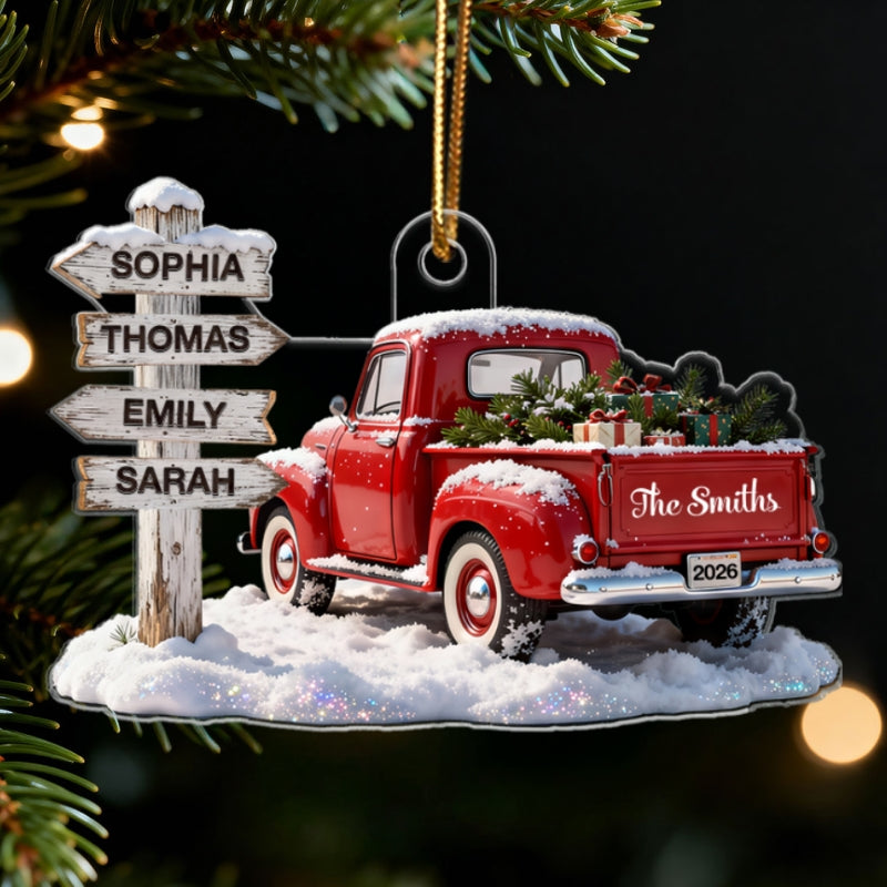 3D Effect Nostalgia Christmas Truck Family Sign Posts Custom Names - Personalized Acrylic Ornament - Gift For Family, Farmhouse Decor