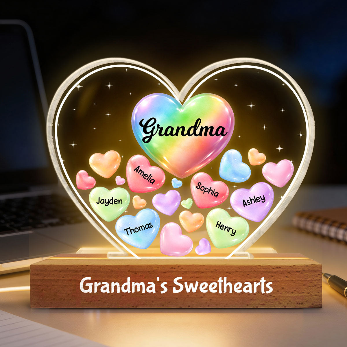 Grandma's Sweethearts In Heart - Personalized Acrylic Block Plaque LED Night Light - Gift For Grandma