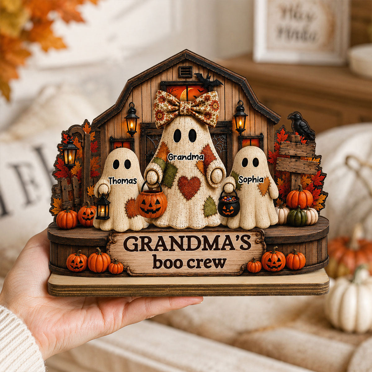 Fall Season Halloween Rustic Patchwork Style Grandma's Boo Crew - Personalized 2-Layered Wooden Plaque - Fall Halloween Decor For Grandma