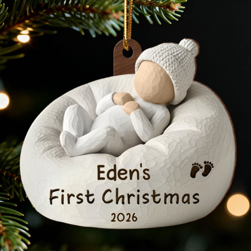 3D Effect Baby's First Christmas Baby On Beanbag Chair - Personalized Wooden Ornament