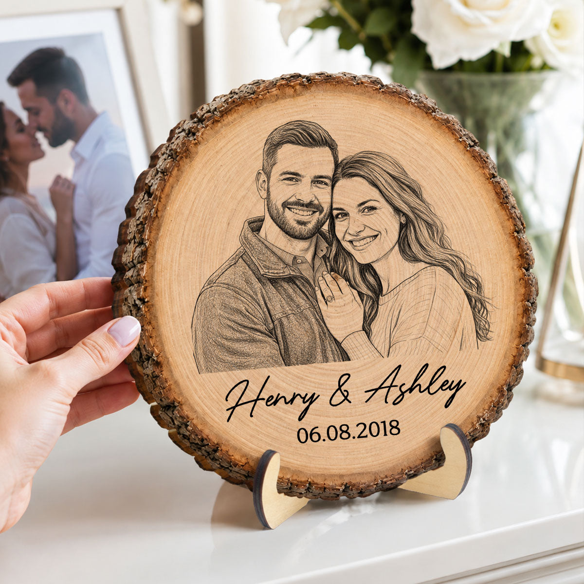 Sketch Style Couple Forever Love Custom Photo - Personalized 2-Layered Wooden Plaque - Anniversary Gift, Wedding Gift For Couple