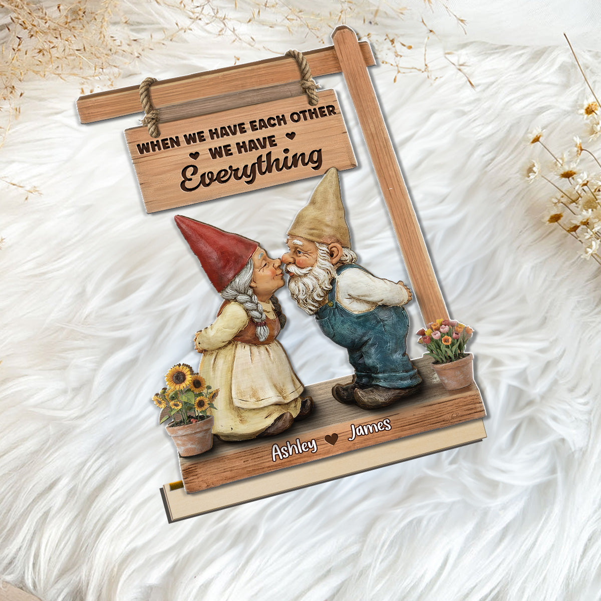 3D Effect Gnome Couple Kissing - Personalized 2-Layered Wooden Plaque - Anniversary, Valentine's Day Gift For Him, Gift For Her