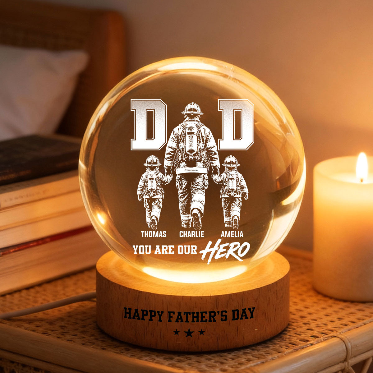 Proud Firefighter Dad You Are Our Hero - Personalized Crystal Ball LED Night Light -  Gift For Dad, Husband