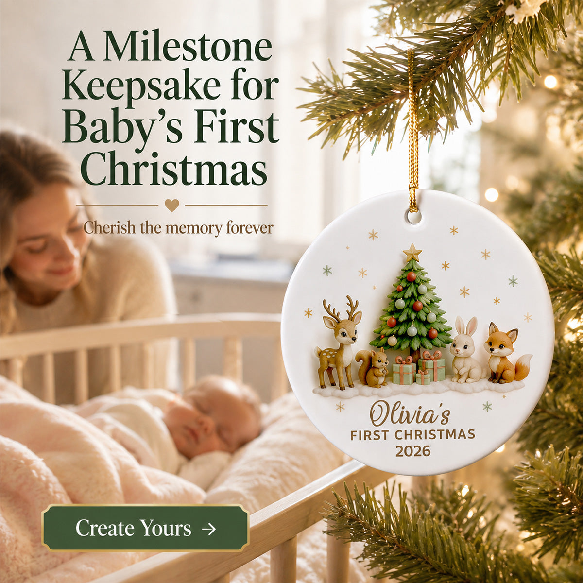 Baby’s First Christmas Tree & Woodland Animals 2D Flat - Personalized Ceramic Ornament - New Baby Christmas Keepsake
