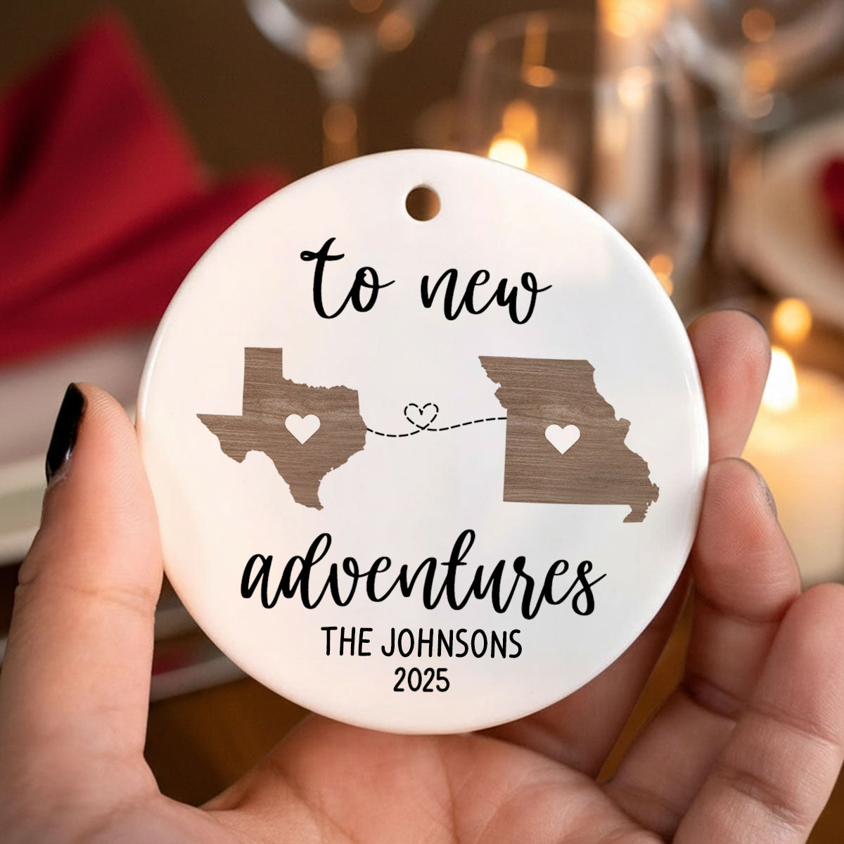 To New Adventures Cross Country Moving - Personalized Ceramic Ornament - Christmas Moving Away Gift