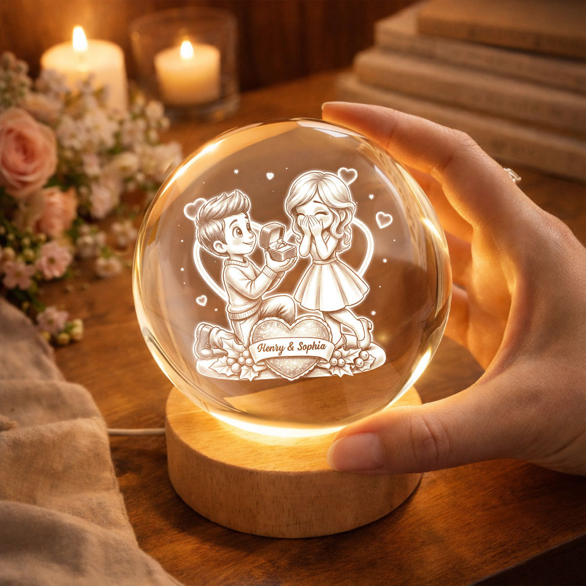 Marriage Proposal Valentine - Personalized Crystal Ball LED Night Light - Anniversary, Valentine's Day Gift, Gift For Him, Gift For Her