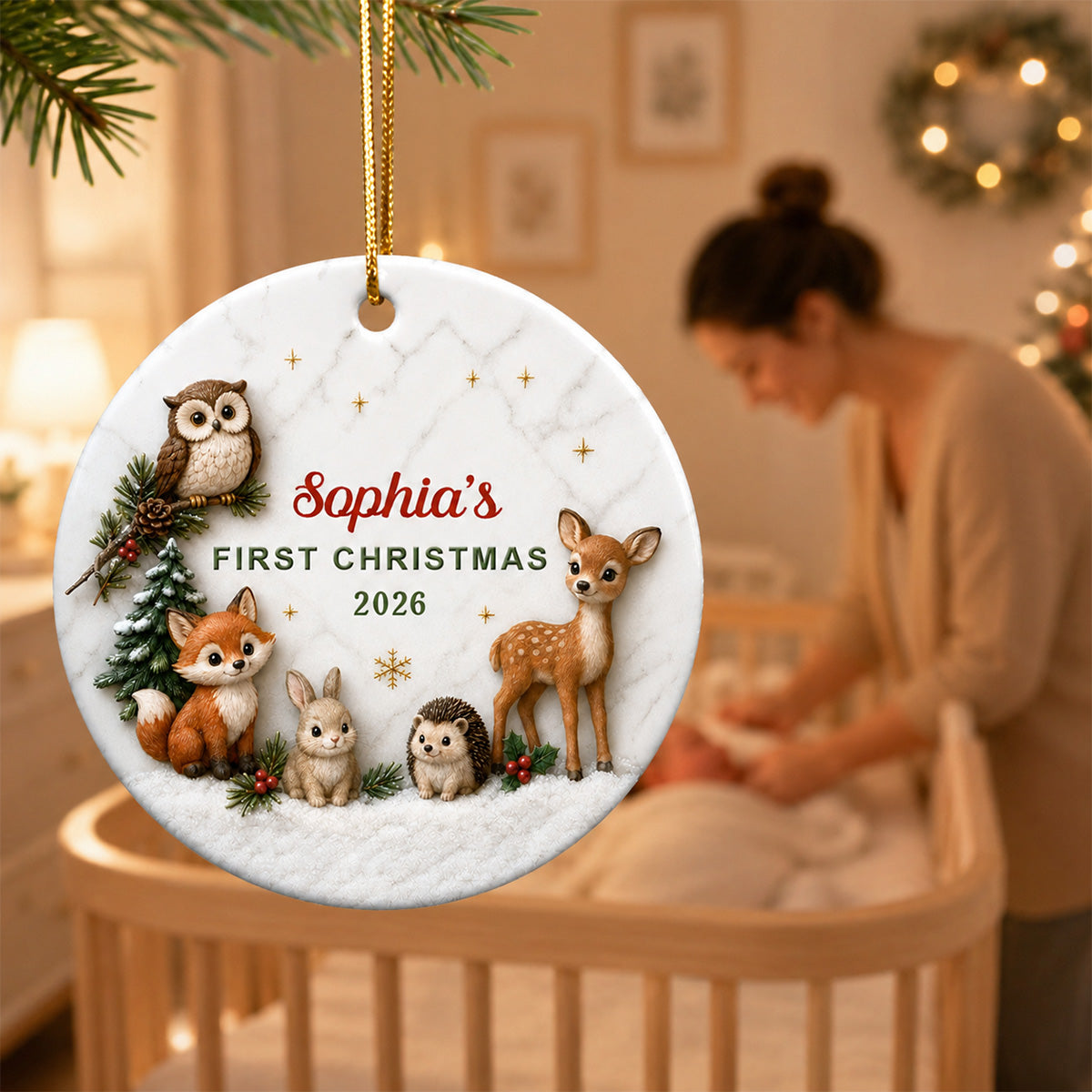 Baby First Christmas Woodland Animals 2D Flat - Personalized Ceramic Ornament - Christmas Keepsake