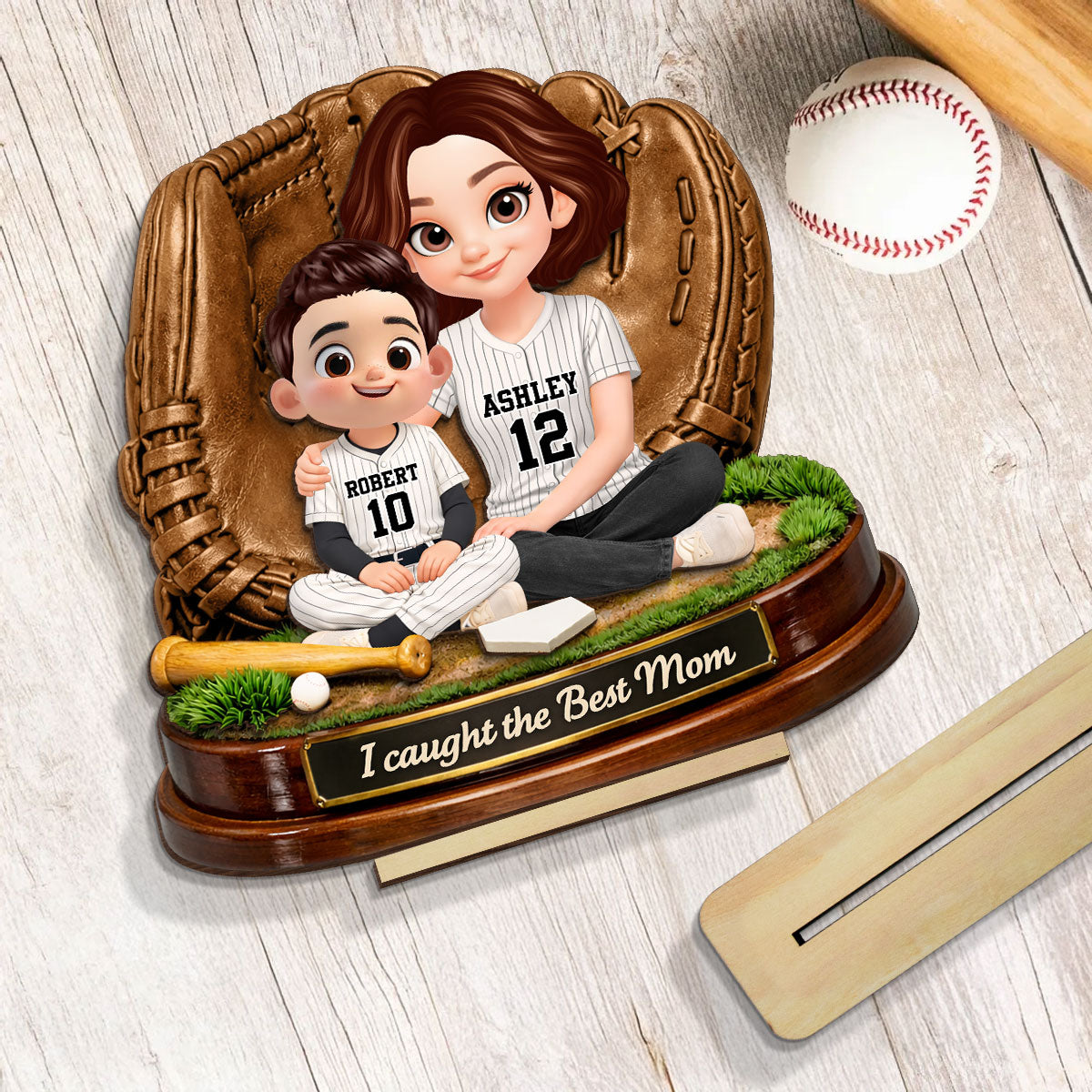 We Caught the Best Mom Baseball Softball - Personalized 2-Layered Wooden Plaque - Heartfelt Gift for Mom, Wife