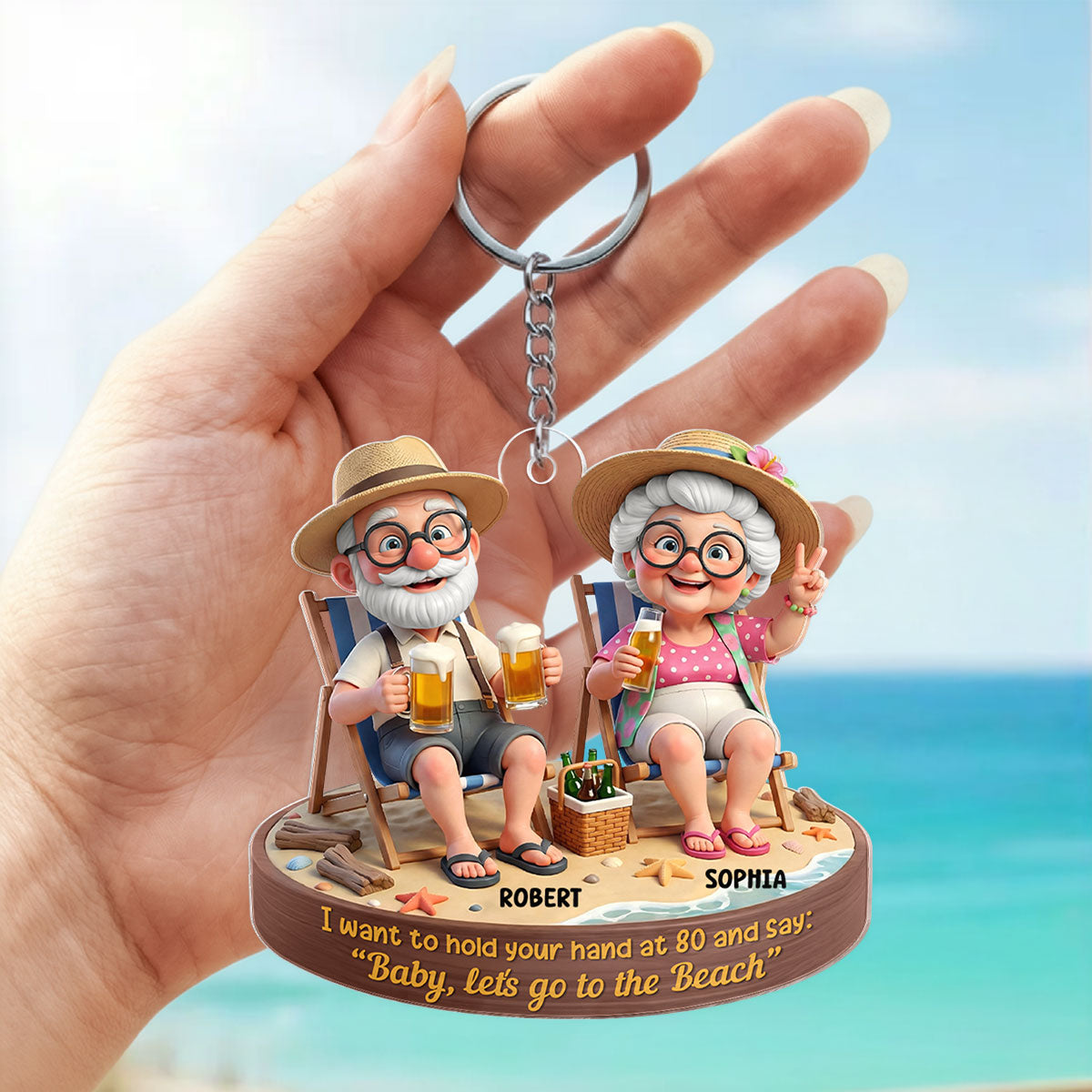 3D Effect Old Couple Baby Let's Go to the Beach  - Personalized Acrylic Keychain - Sentimental Gift for him, for her