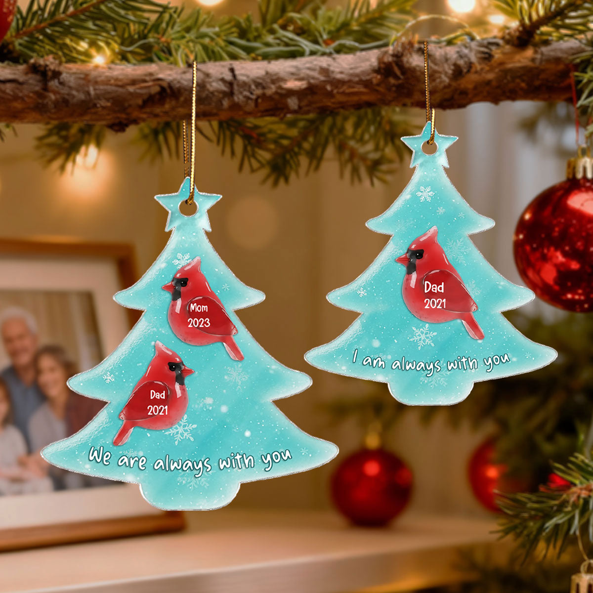 2D Sea Glass Effect Christmas Cardinals Memorial - Personalized Acrylic Ornament - Remembrance Keepsake, Sympathy Gift