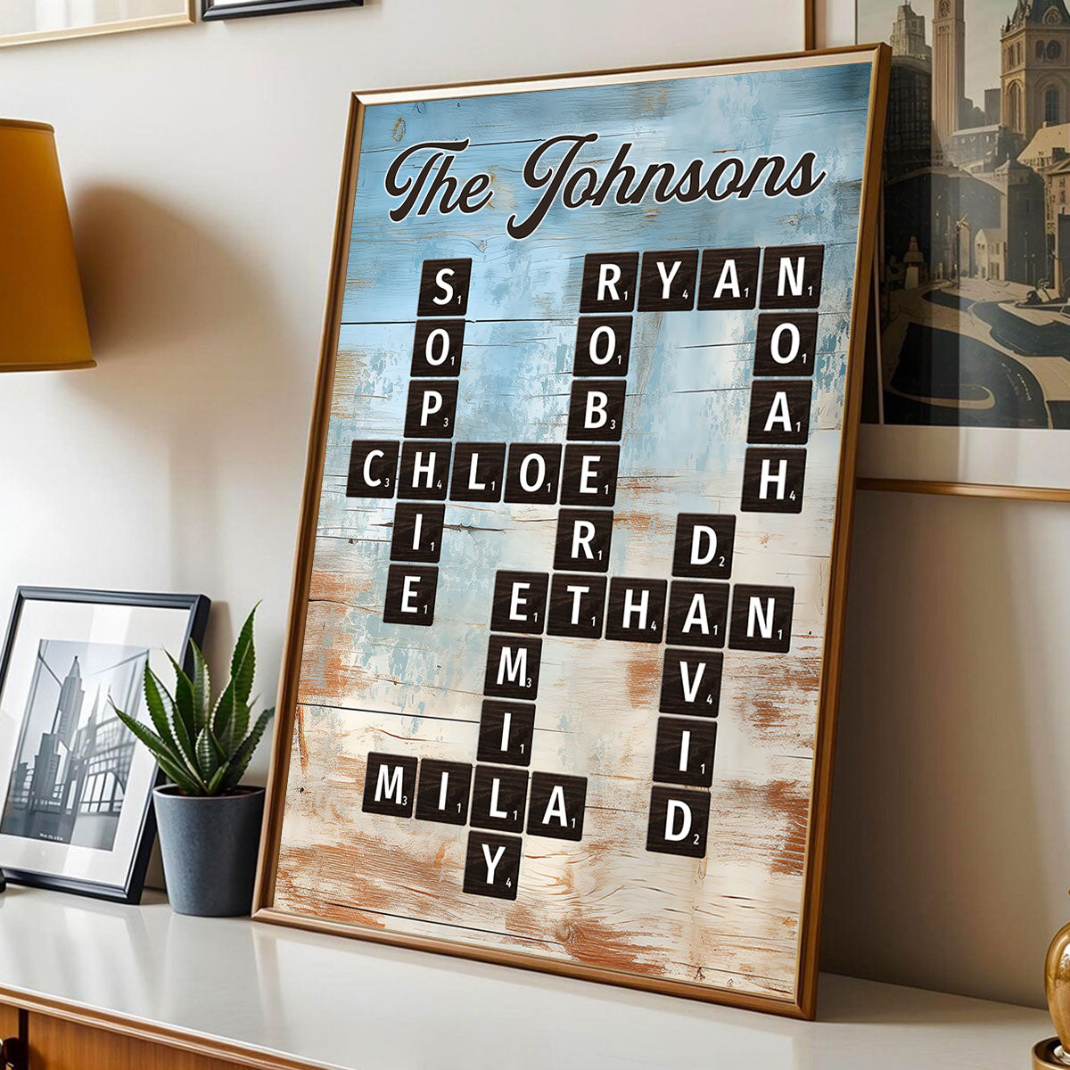 Family Crossword Puzzle Blue Rustic Wood Palette - Personalized Poster - Wall Art Home Decor