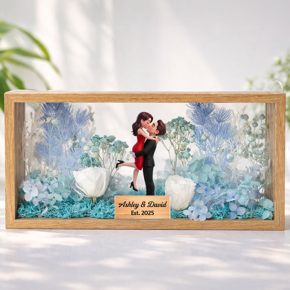 Romantic Couple Hugging Kissing - Personalized DIY Flower Shadow Box LED Night Light - Gift For Couple, For Him, For Her