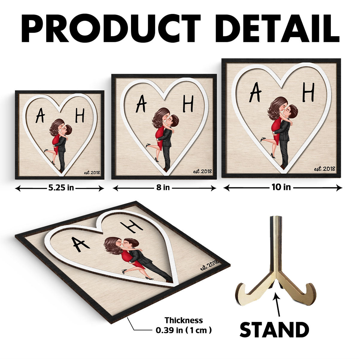 Initials Heart Sign - Personalized 2-Layered Wooden Plaque - Gift for Couple