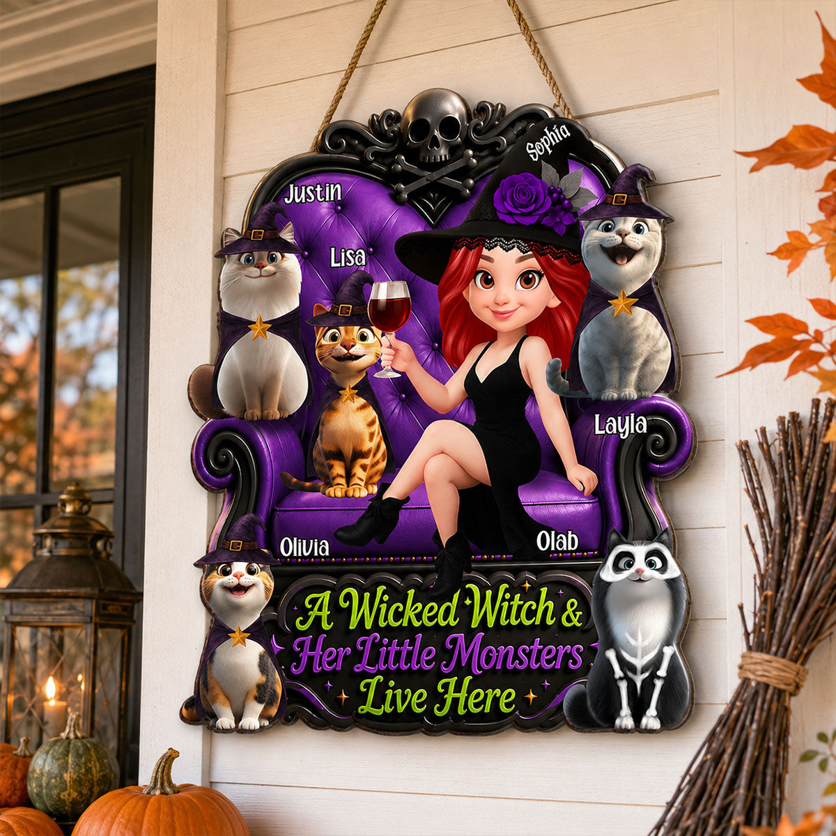 A Wicked Witch and Her Little Monsters Live Here - Personalized Wooden Door Sign - Halloween Decor for Cat Moms