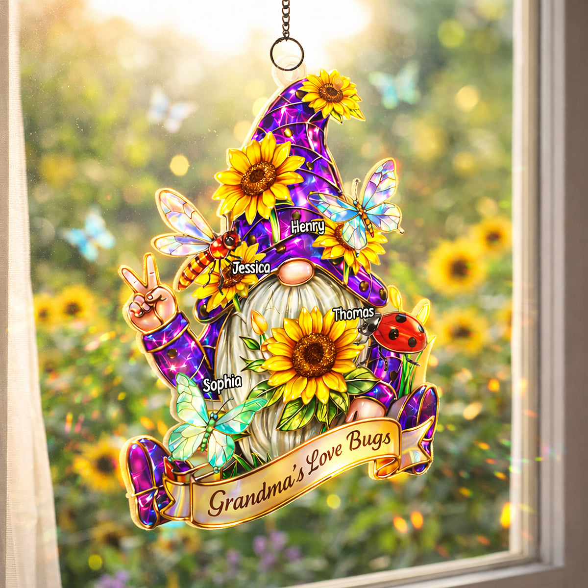 Grandma Love's Bugs Gnome - Personalized Suncatcher Ornament - Heartfelt Mother's Day Gift for Grandma