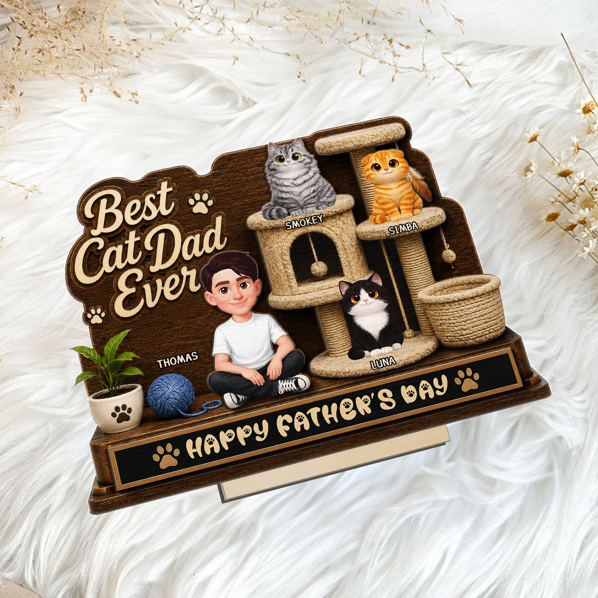 Best Cat Dad Ever Man Sitting Cute Cats On Cat Tree 2D Flat - Personalized 2-Layered Wooden Plaque -  Gift For Cat Dad