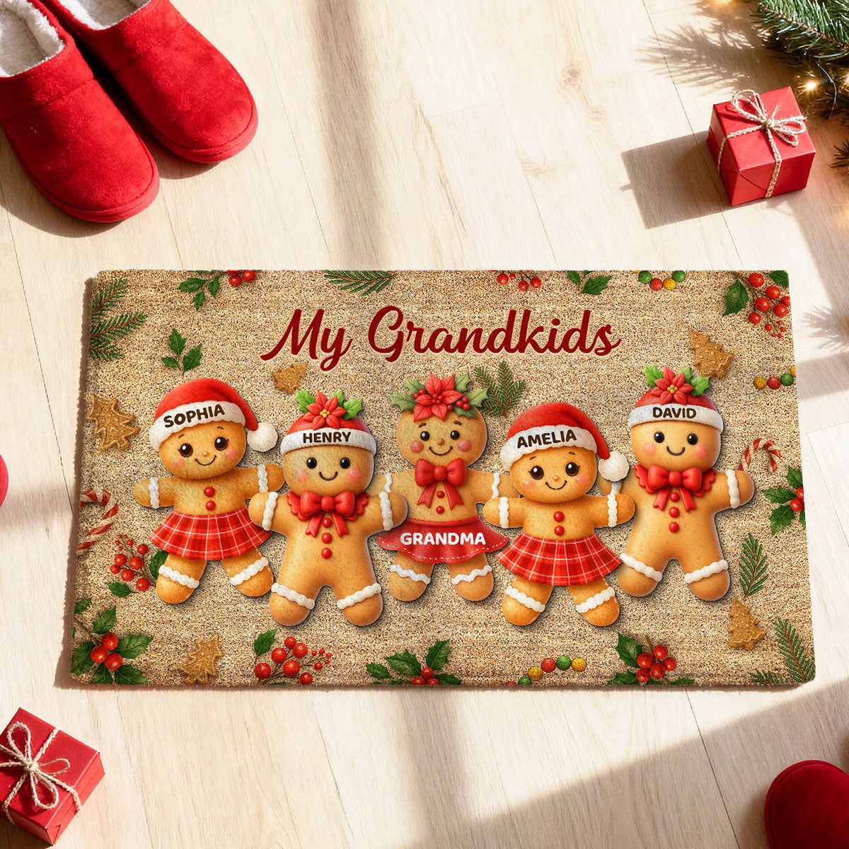 Gingerbread Grandparents and Grandkids - Personalized Doormat - Christmas Gift for Family