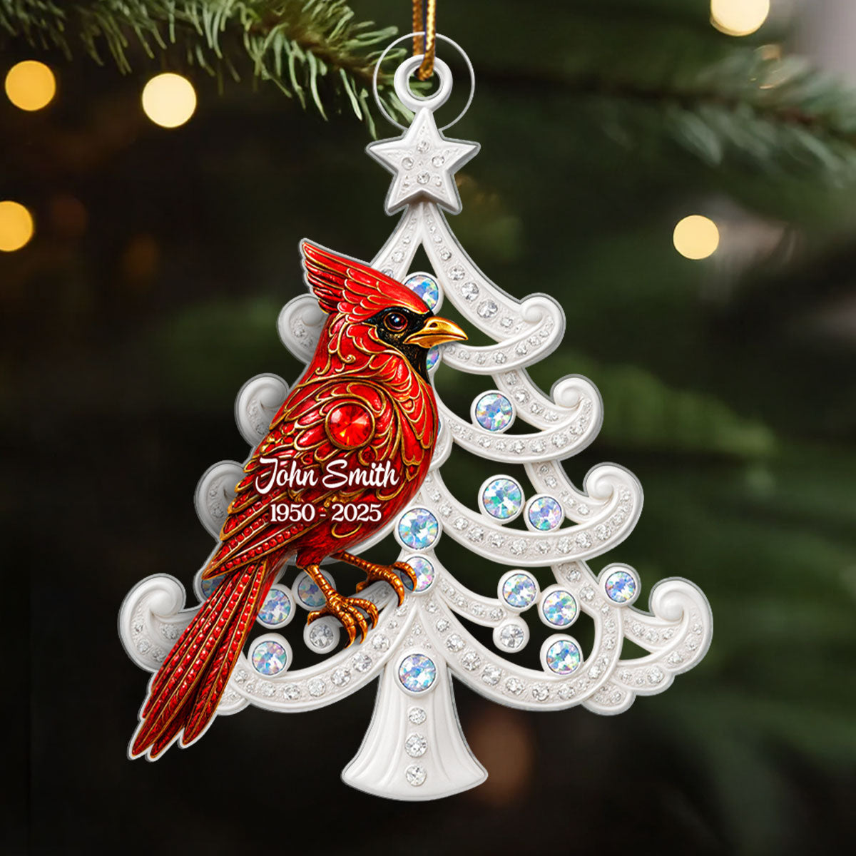 3D Metal Red Cardinal On Christmas Tree - Personalized Acrylic Ornament - Sympathy Christmas Gift For Loss Of Loved Ones