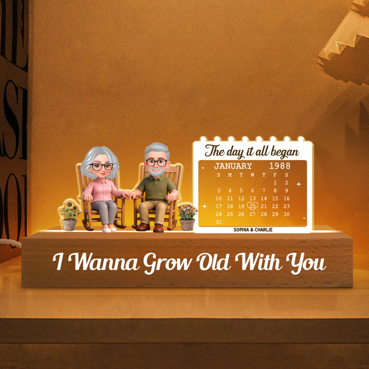 Old Couple Sitting On Rocking Chair Anniversary Date Calendar - Personalized Acrylic Block LED Night Light