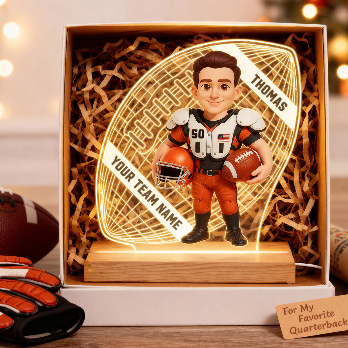 American Football 3D Illusion With Name - Personalize LED Night Light - Gift For Grandson, Son, American Football Lover
