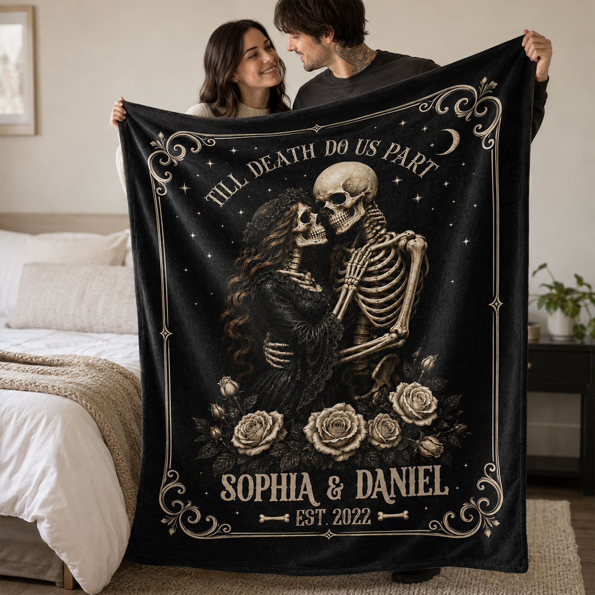 Skeleton Couple Till Death Do Us Part - Personalized Fleece Blanket - Spooky Goth Couple Halloween Gift
