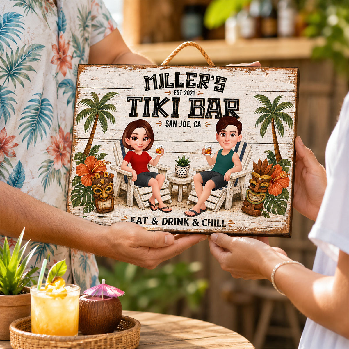 Custom Couple Tiki Bar - Personalized Wooden Sign - Outdoor Home Bar Decor, Eat Drink & Chill Sign, New Home Gift