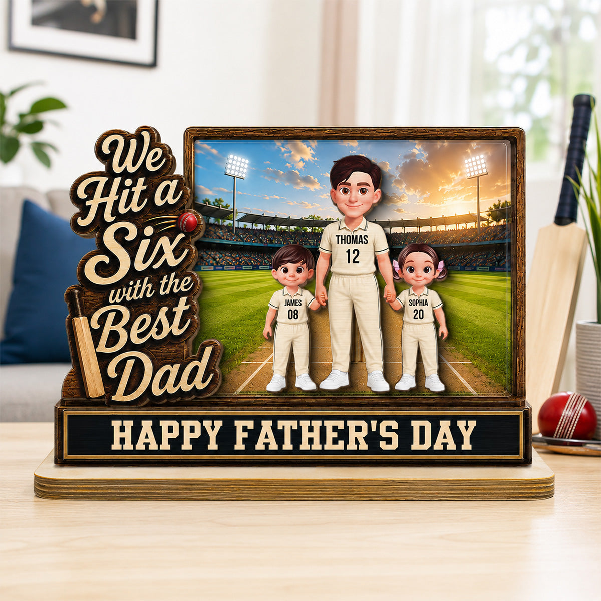 Hit A Six With The Best Dad Cricket Dad & Kids On Field 2D Flat - Personalised 2-Layered Wooden Plaque -  Gift For Husband, Dad