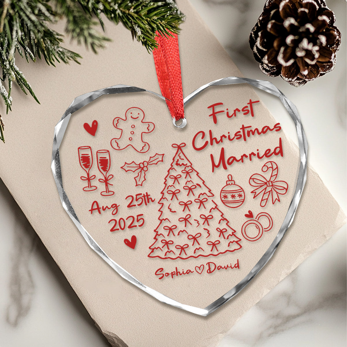 First Christmas Married Doodle - Personalized Glass Ornament - Christmas Gift For Him, For Her, For Couple