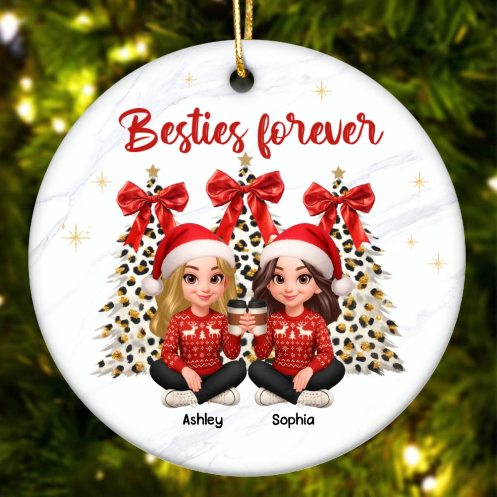 Besties Forever Leopard Coquette Christmas Tree - Personalized Ceramic Ornament