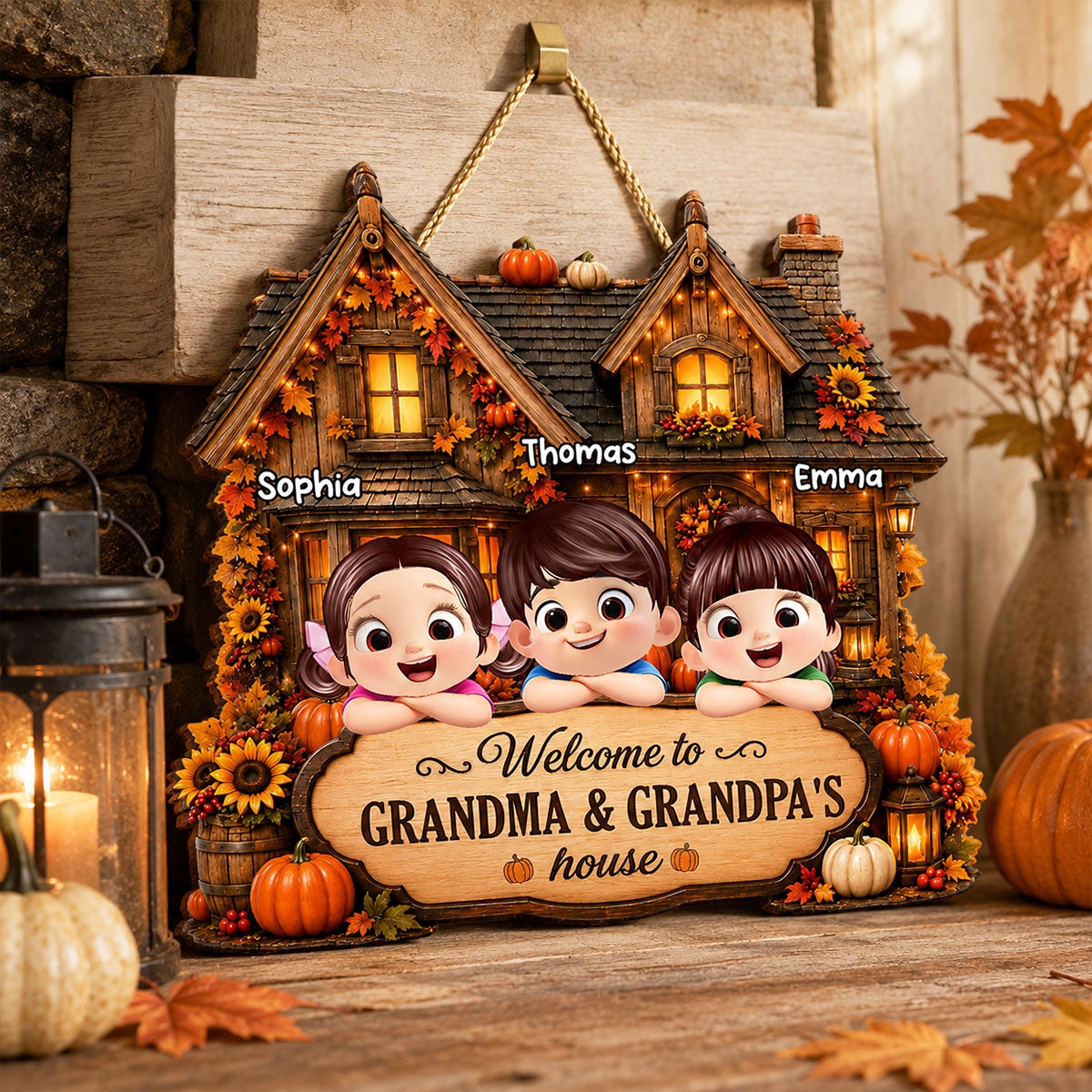 Welcome to Grandma Grandpa Fall Pumpkin House - Personalized Wooden Door Sign - Fall Thanksgiving Farmhouse Gift
