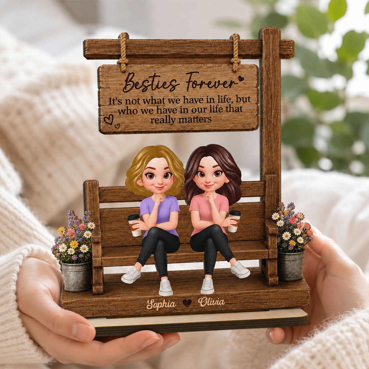 Besties Sitting Under Sign Post 2D Flat - Personalized Wooden Plaque - Friendship Keepsake