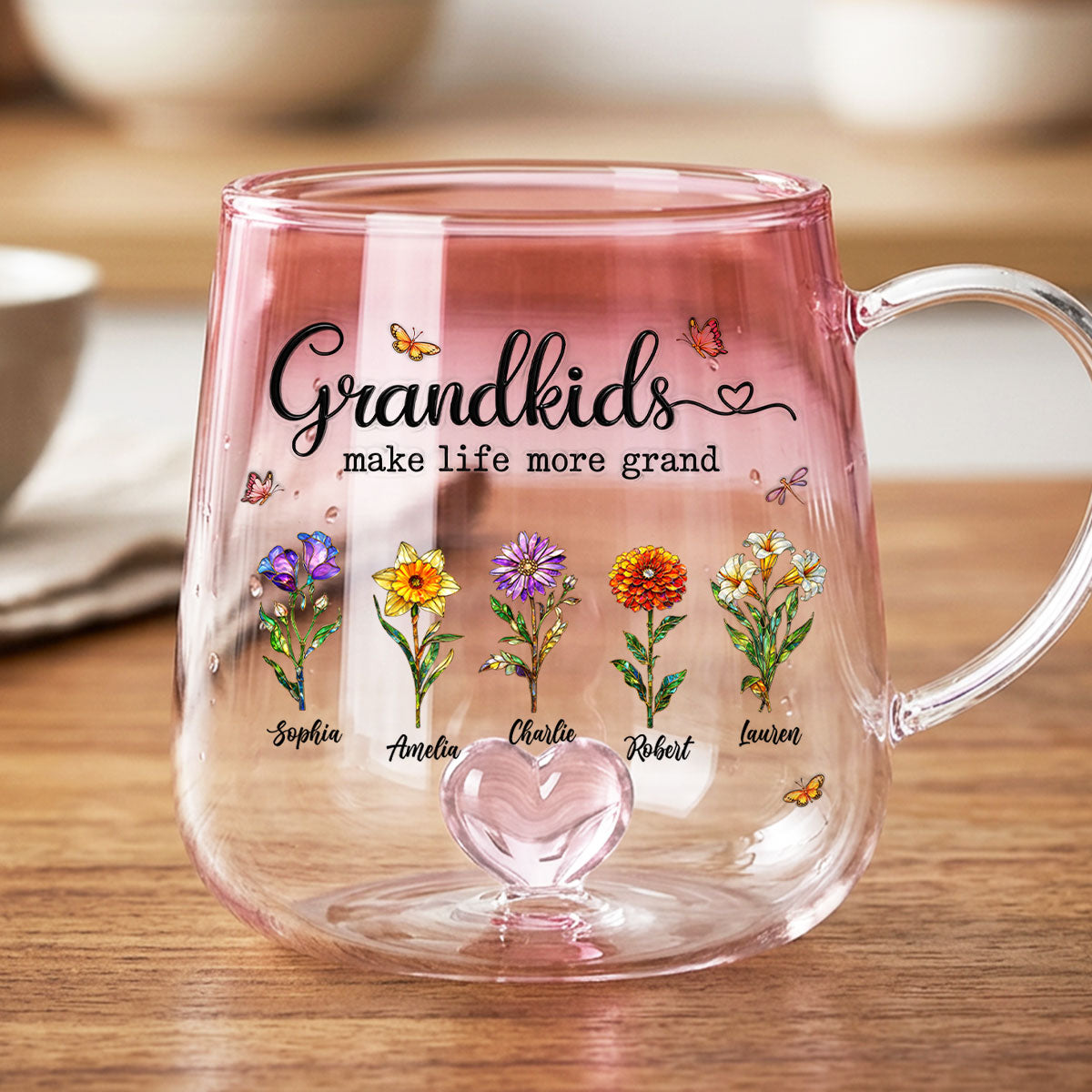 Grandkids Make Life More Grand Custom Birth Flower - Personalized Glass Mug - Heartfelt Mother's Day Gift for Grandma, Mom