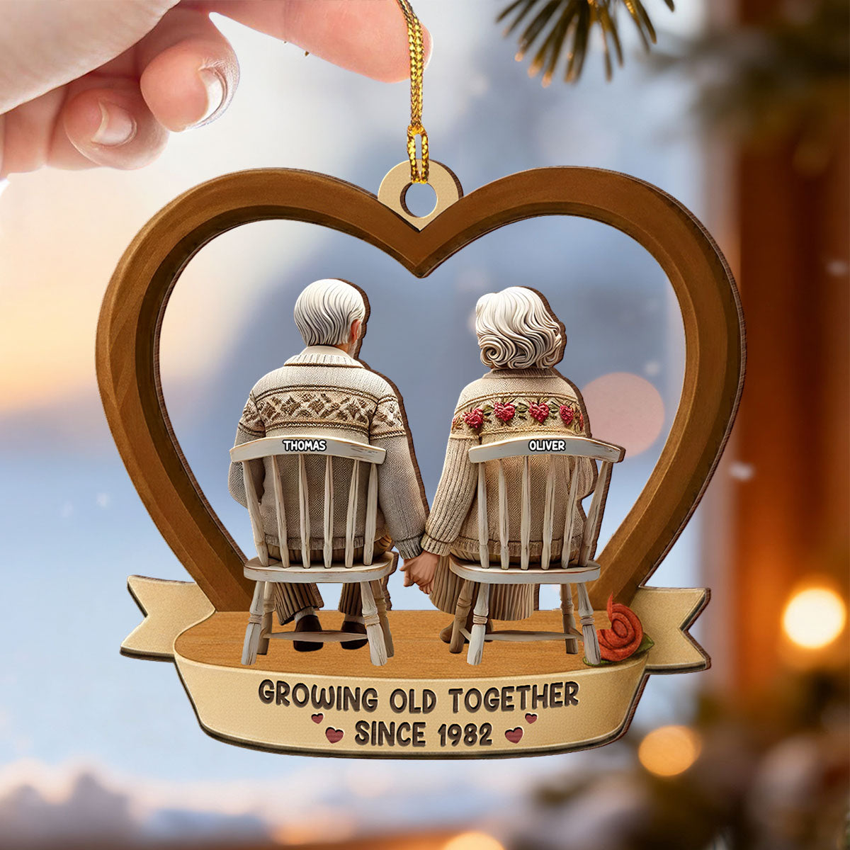 3D Back View Old Couple Growing Old Together - Personalized Wooden Ornament