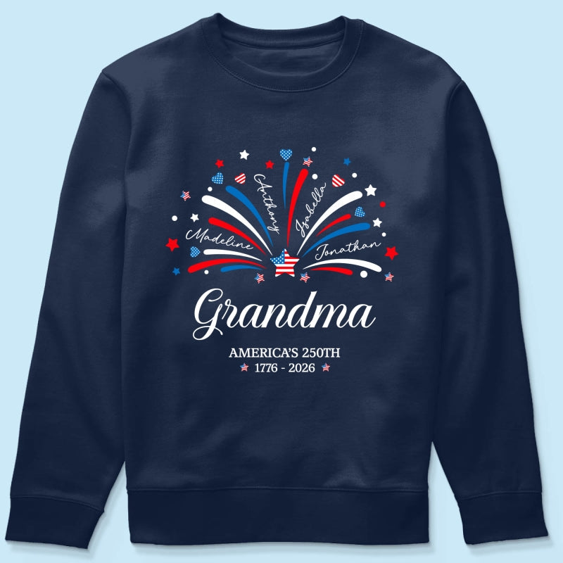 Grandma Fireworks Custom Kid Name - Personalized Shirt - American 250th Anniversary Keepsake For Grandma, Wife