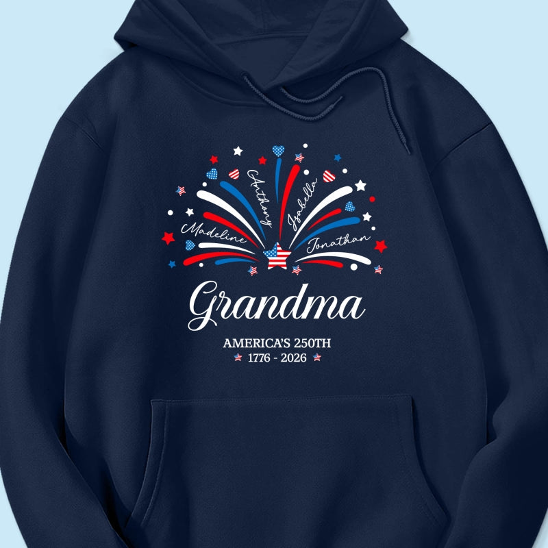 Grandma Fireworks Custom Kid Name - Personalized Shirt - American 250th Anniversary Keepsake For Grandma, Wife