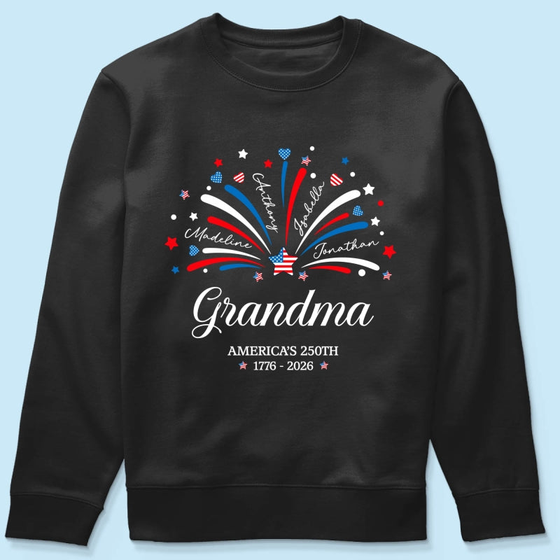 Grandma Fireworks Custom Kid Name - Personalized Shirt - American 250th Anniversary Keepsake For Grandma, Wife