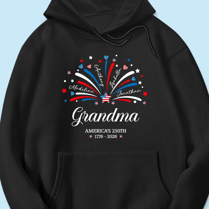 Grandma Fireworks Custom Kid Name - Personalized Shirt - American 250th Anniversary Keepsake For Grandma, Wife