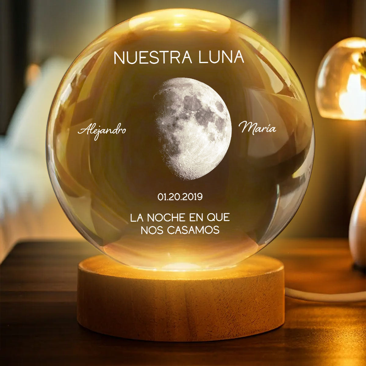 Nuestra Luna – Fase Lunar Personalizada por Fecha – Bola de Cristal con Luz Nocturna – Regalo de Aniversario