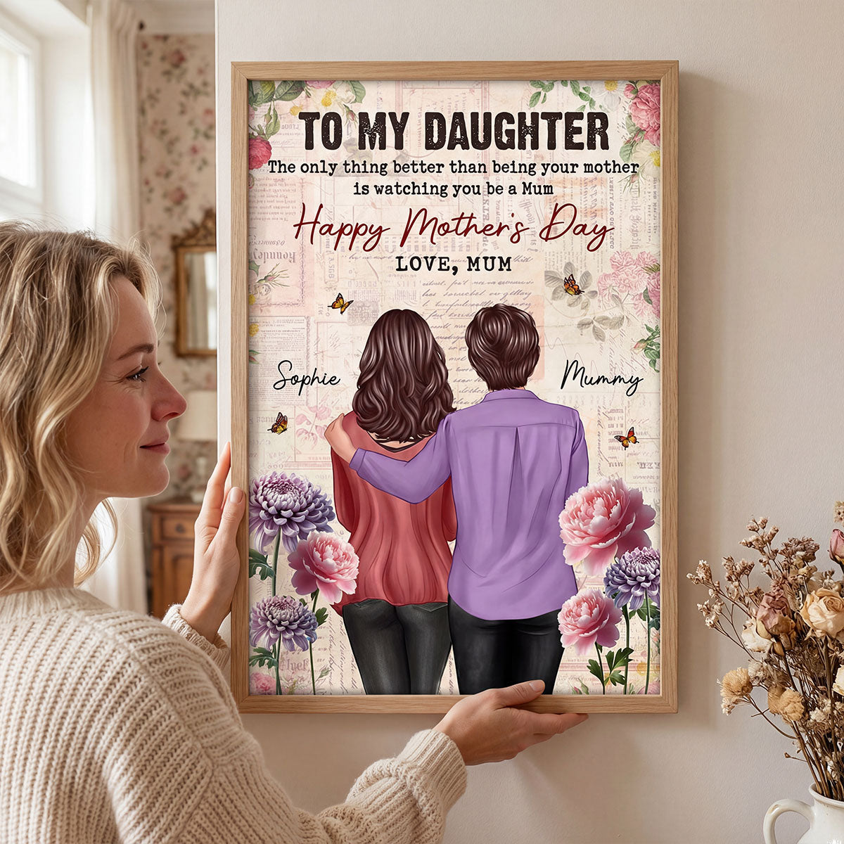 Vintage Floral Newspaper To My Daughter From Mum Birth Month Flower - Personalised Poster