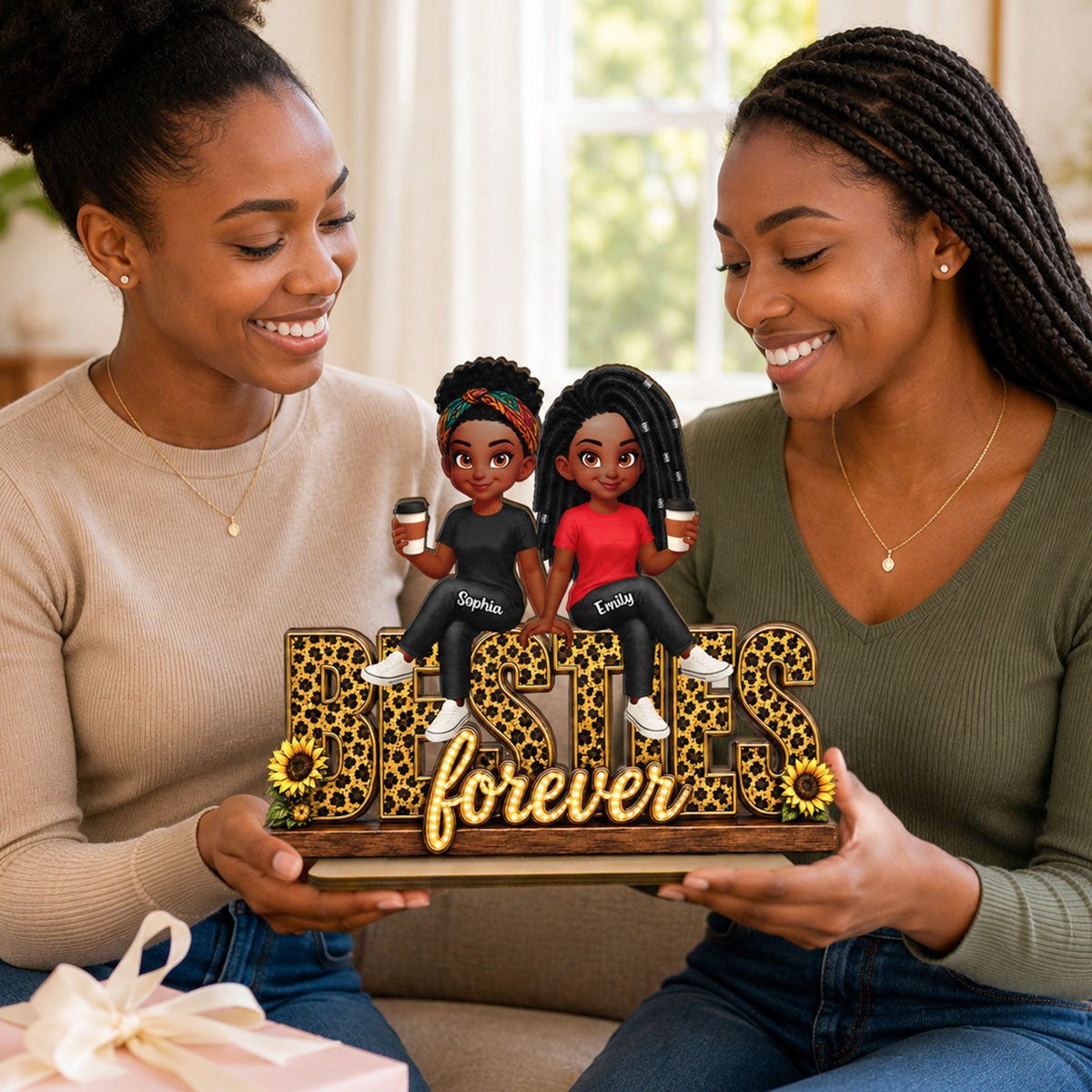 Leopard Style Besties Forever - Personalized 2-Layered Wooden Plaque - Birthday Gift, Gift For Best Friends