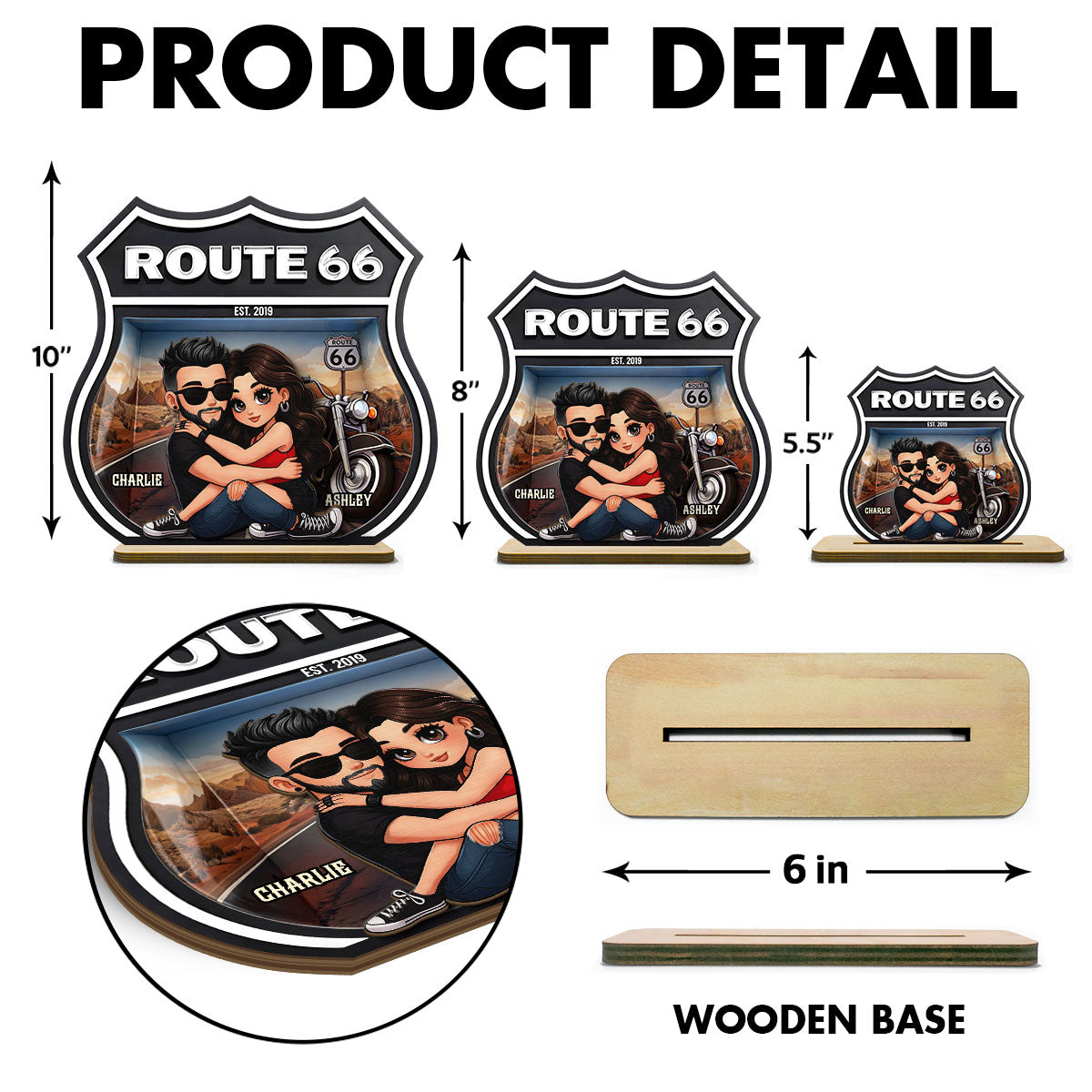 Bikers Couple Route 66 - Personalized 2 Layer Standing Wooden Plaque - Gift for Couple