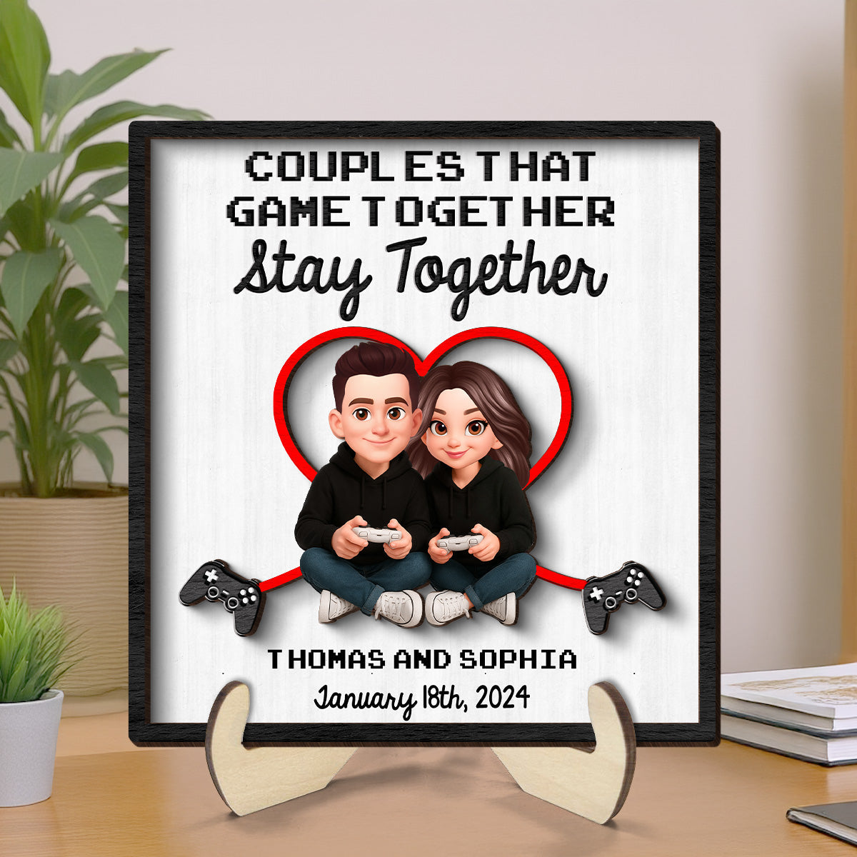 Gaming Couple Game Together Stay Together - Personalized 2-Layered Wooden Plaque - Heartfelt Valentine, Anniversary Gift For Gamers, For Him, For Her