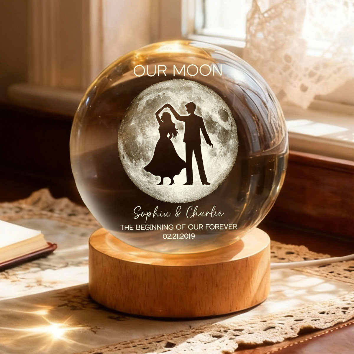 Couple Dancing in the Moonlight, Custom Moon Phase by Date - Personalized Crystal Ball LED Night Light, Sentimental Valentine's Day Gift for Her, for Him